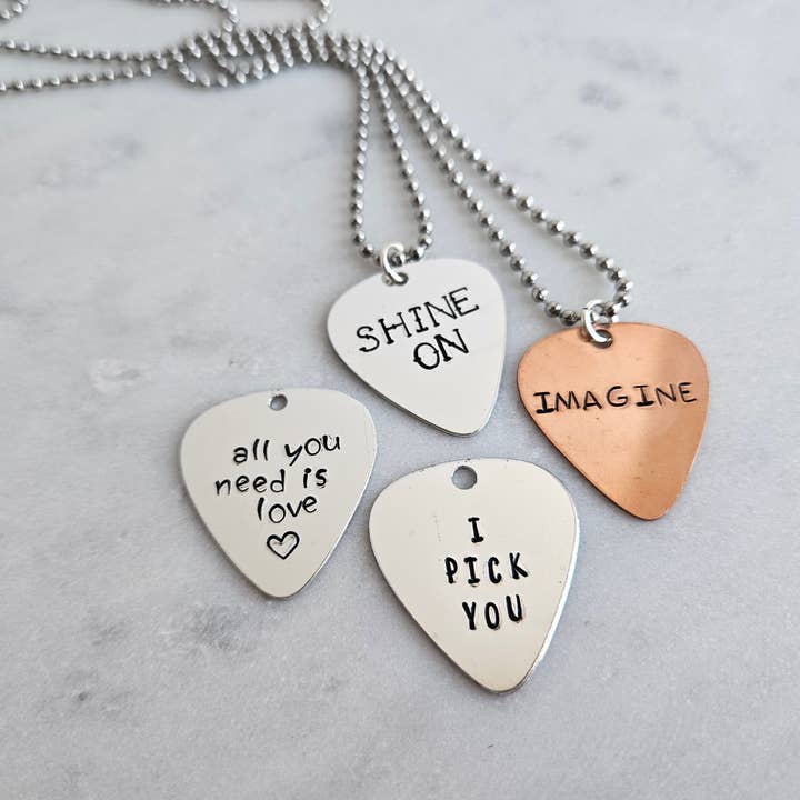 Meg's Recycled Guitar - Wholesale Pendant/Charm Necklace - PERSONALIZED GUITAR PICK NECKLACE - STAMPED CUSTOM MESSAGE