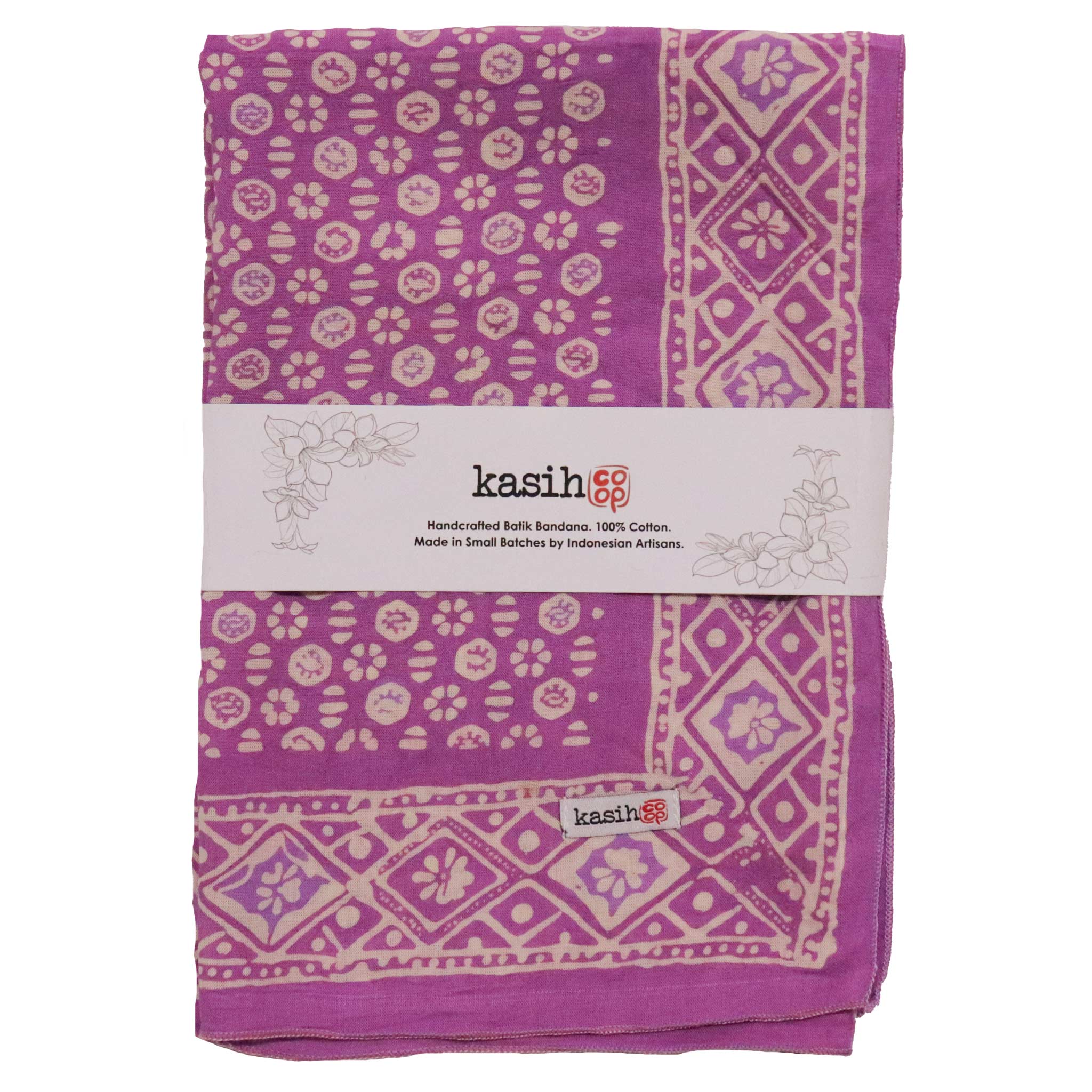 Kasih Co-op - Vente Bandana – femme - Bandana batik teint à la main, 100 % coton doux, motif floraison intemporelle, violet lilas lavande rose5