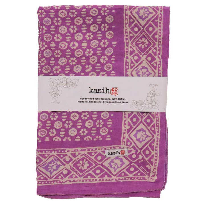 Kasih Co-op - Vente Bandana – femme - Bandana batik teint à la main, 100 % coton doux, motif floraison intemporelle, violet lilas lavande rose5