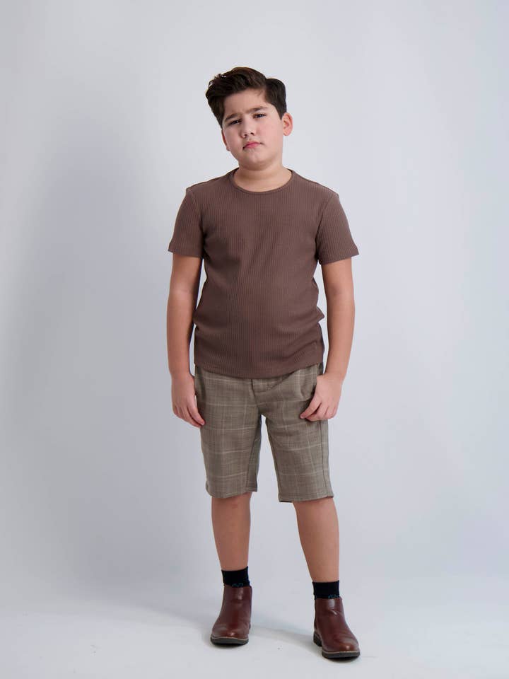 Camel Windowpane Short Dress Pants for wholesale by Mofi Boys Clothing