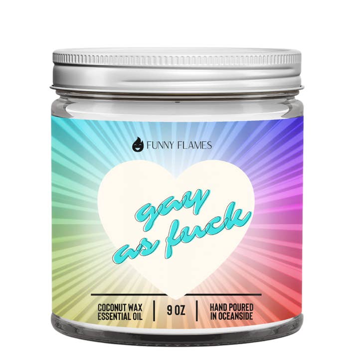 Gay As F*ck Candle -9 oz Pride Candle, Gay Pride, LGBTQ+ for wholesale by Funny Flames Candle Co - Les Creme