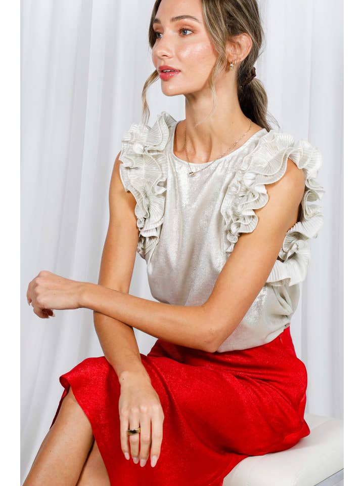 Vine & Love - Vendita all'ingrosso Camicetta - Donna - Blusa senza maniche metallizzata in tessuto intrecciato con volant plissettati VT60373A11