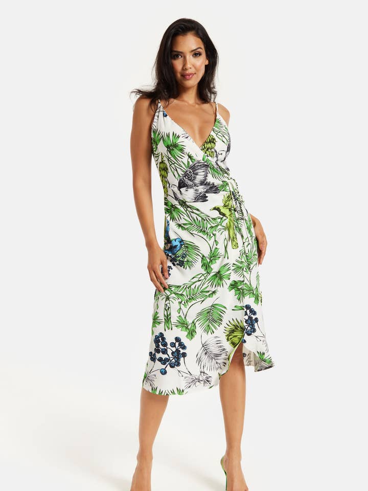 Liquorish Bird and Floral Print Midi Wrap Dress for wholesale by Liquorish