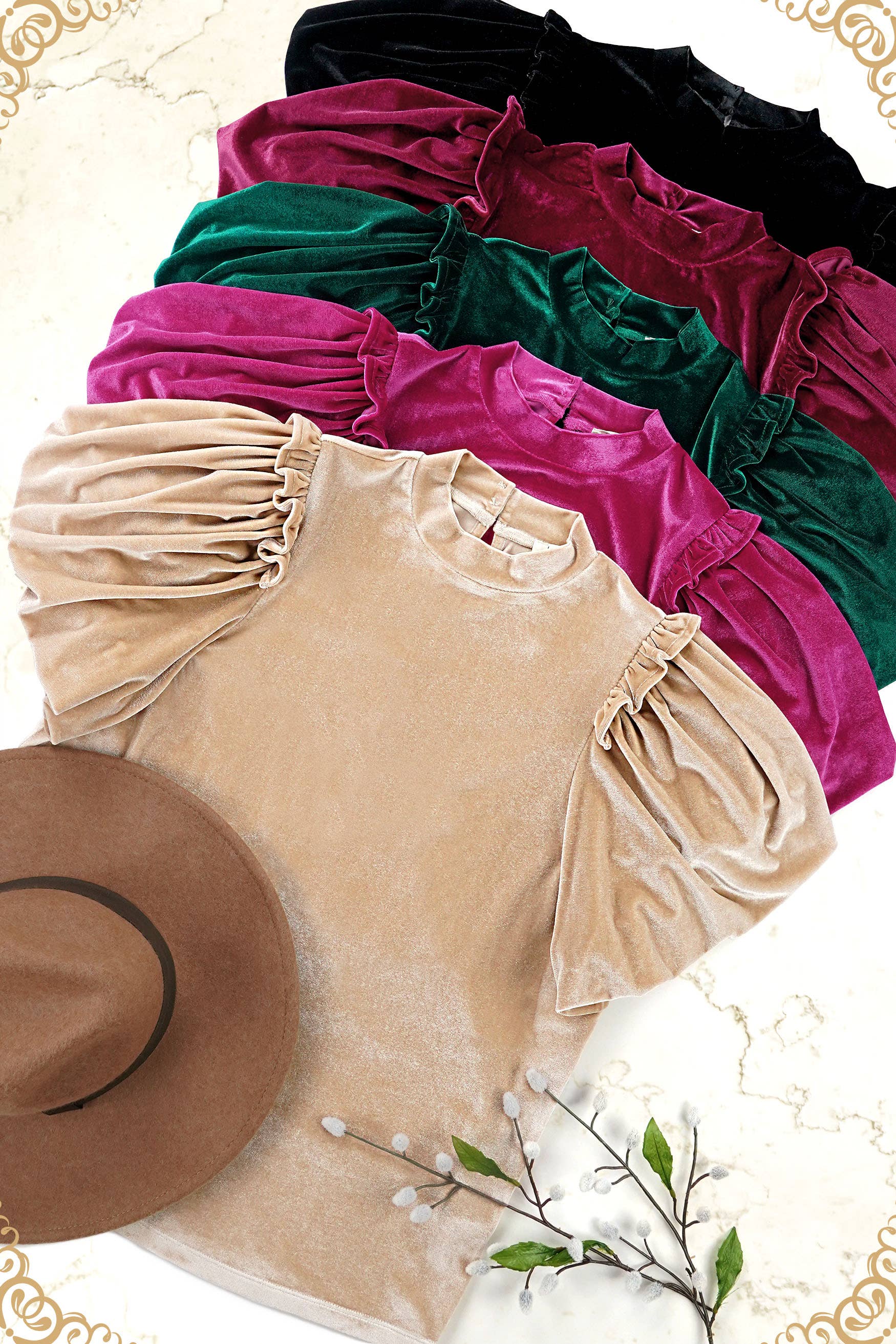 La Miel - Vendita all'ingrosso Camicetta - Donna - Top in velluto con maniche a sbuffo e collo alto, maniche corte18