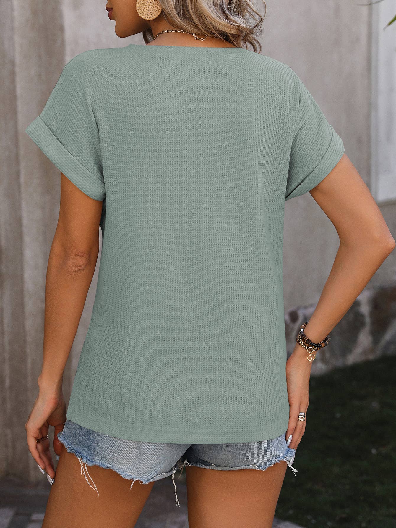 FULL TIME PURCHASE - Wholesale T-Shirt - Women's - Solid Color Waffle Twist Loose Short Sleeve T-Shirt8