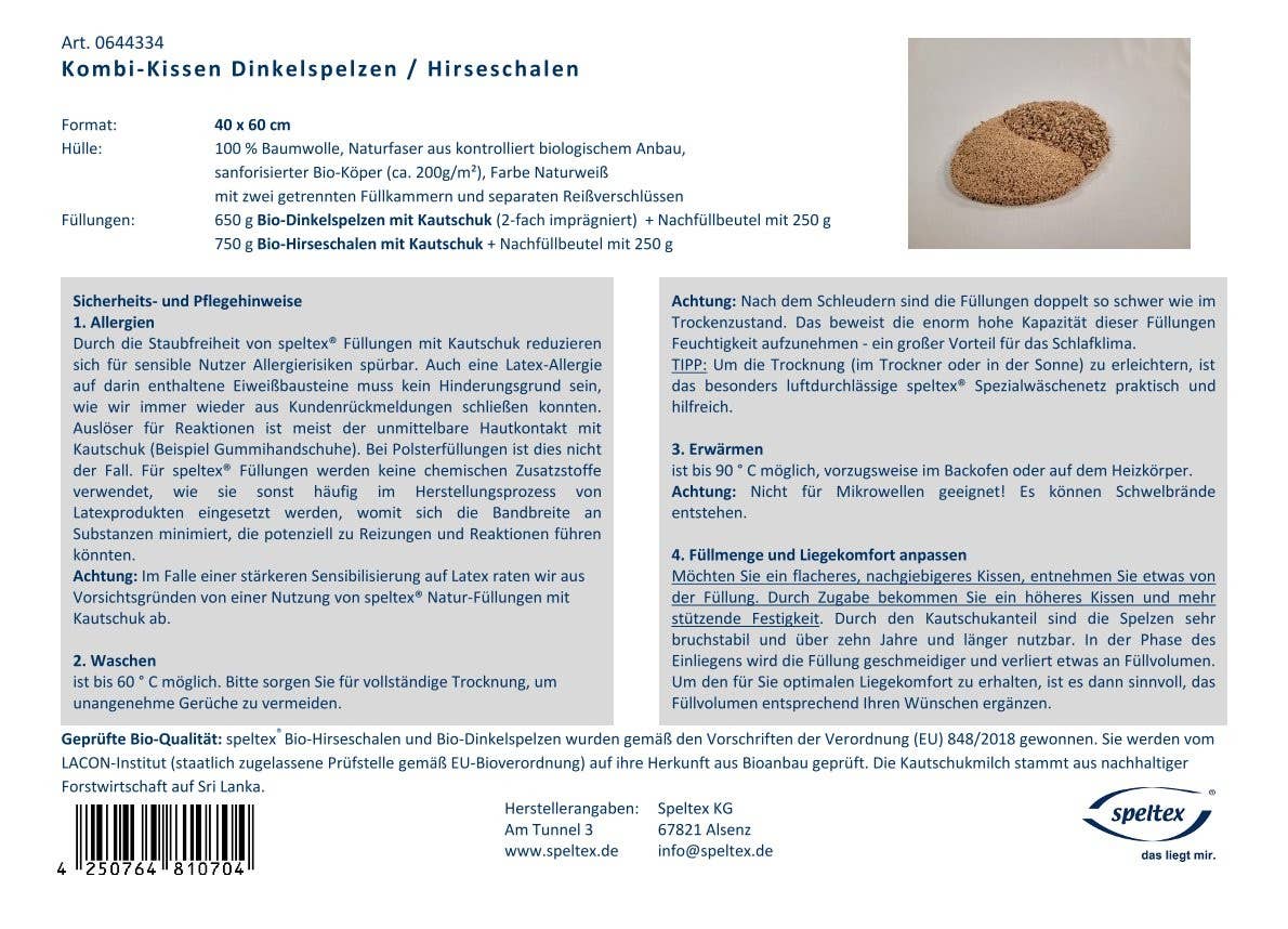 Speltex KG - Wholesale Bedding Pillow - Millet husk and spelt combo pillow with two filling chambers9