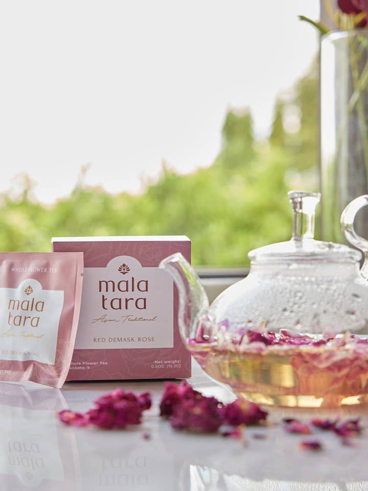 Red Damask Rose Whole Flower Tea Box for wholesale by Mala Tara