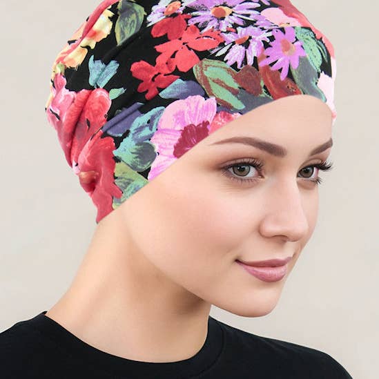 Turban Plus – wholesale Turban - Dam – Chemo Cloche Keps Svart Korall Bold Blommig