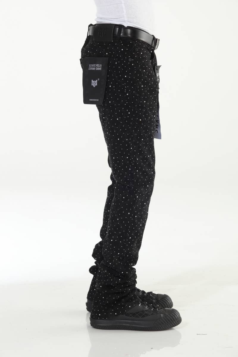 Stylo - Wholesale Jeans - Men's - Black Rhinestone Covered Stacked Flare10