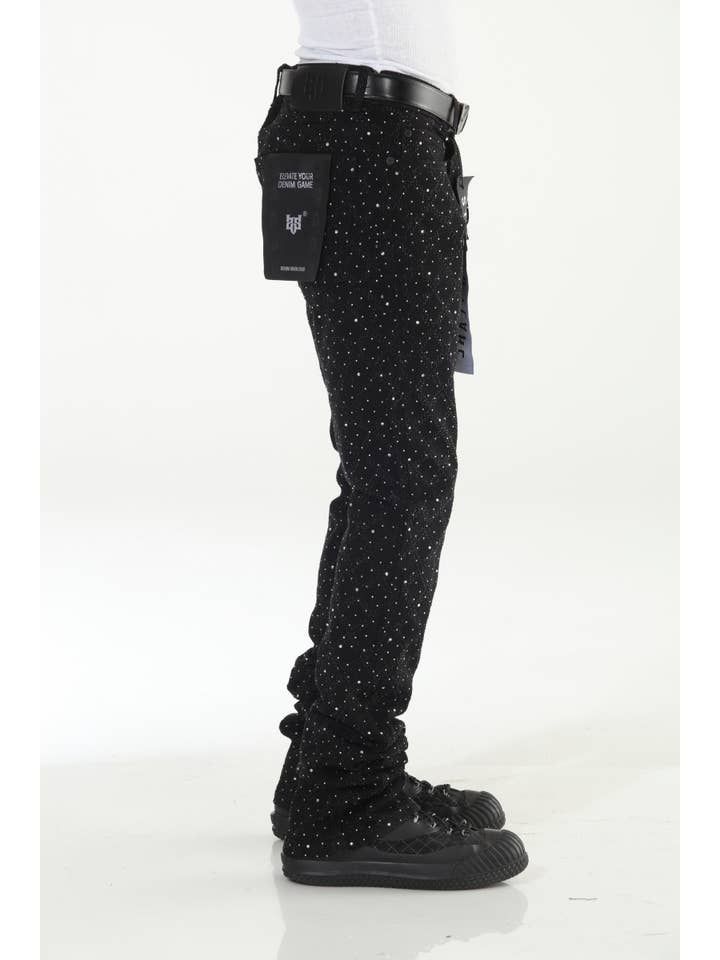 Stylo - Wholesale Jeans - Men's - Black Rhinestone Covered Stacked Flare10