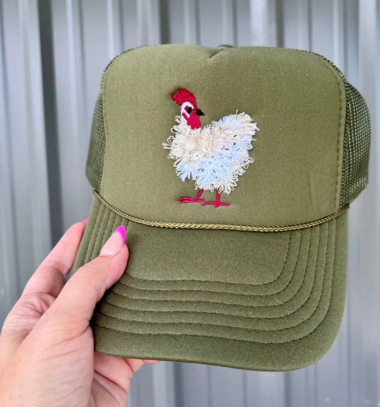 THE LATTIMORE CLAIM - Wholesale Trucker hat – Women’s - Mother Clucker Fluffy Chicken Embroidered Olive Otto Hat