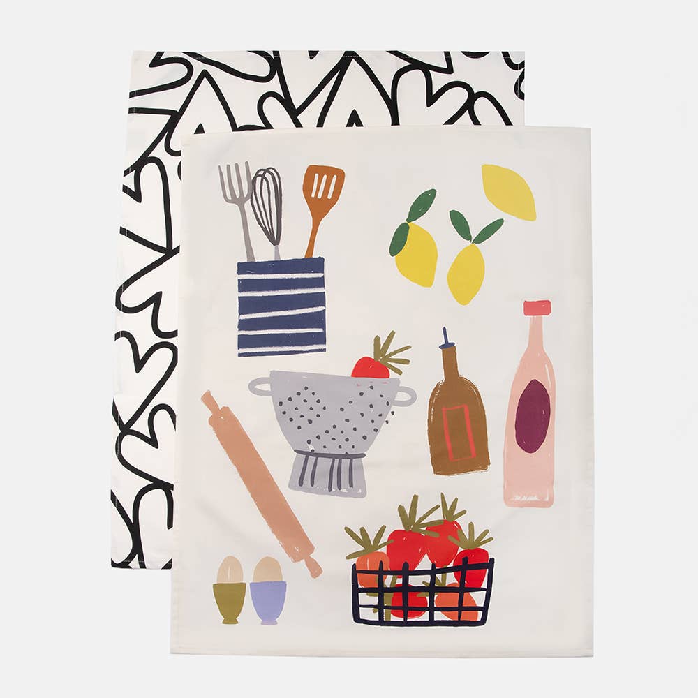 Caroline Gardner - Vente Torchons - Lot de 2 torchons en coton avec motifs cœurs1