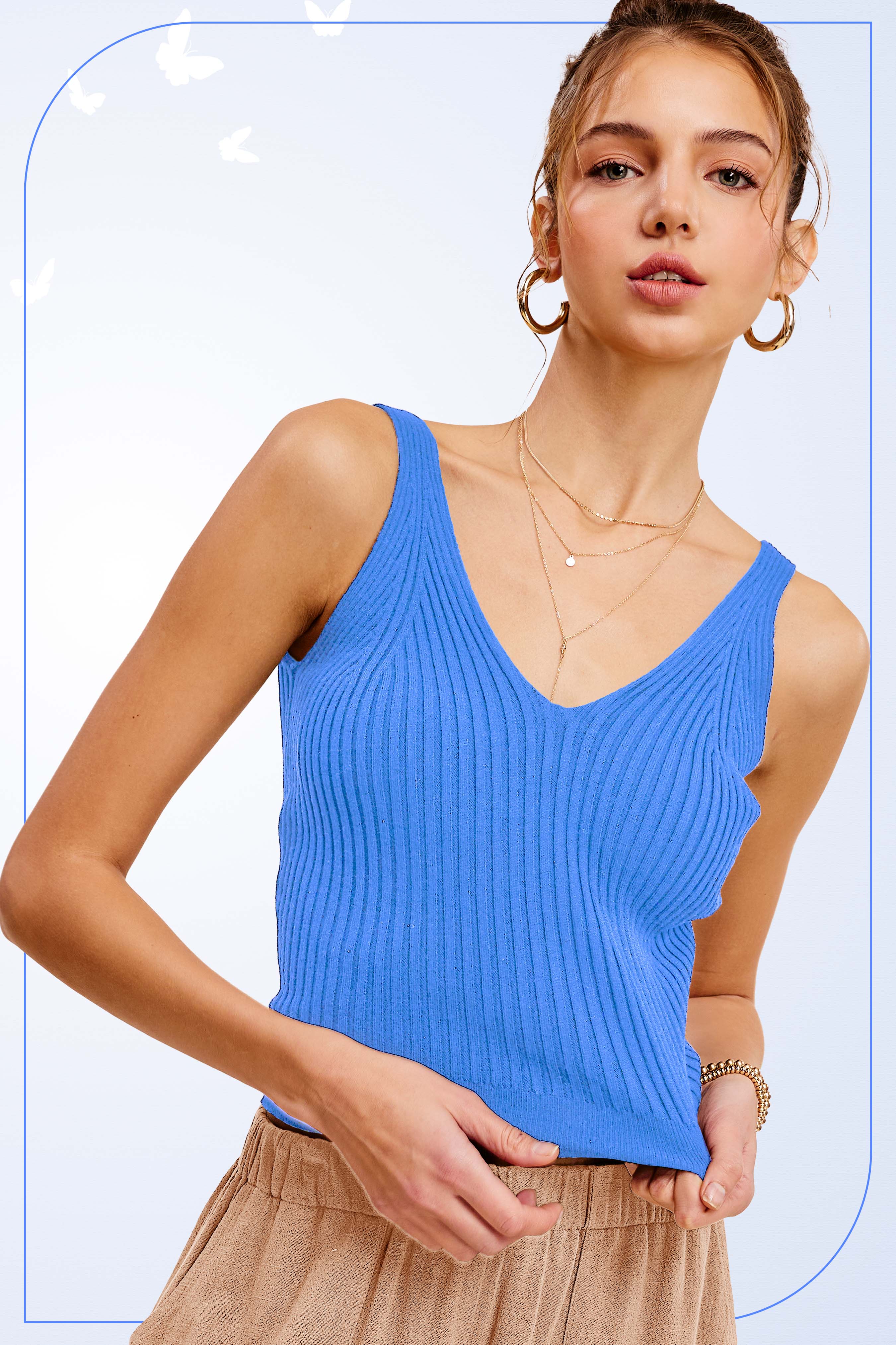 La Miel - Vendita all'ingrosso Top in maglia - Donna - Top crop senza maniche a costine con scollo a V morbido7