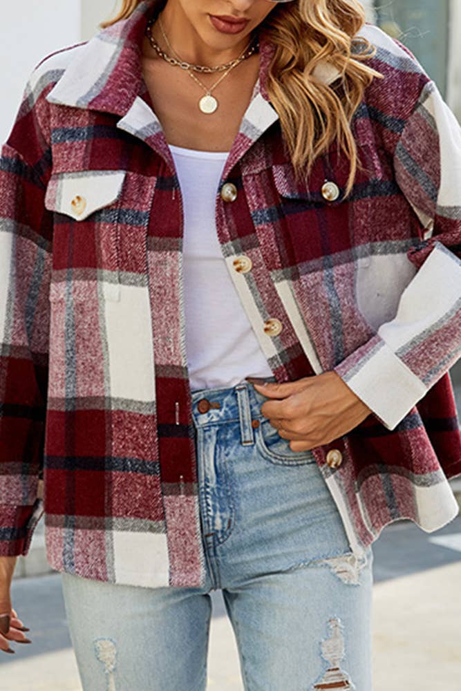 Comely Fashion – wholesale Shirt Jacket/Shacket - Women’s – Flannel Pockets Button Up Plaid Shacket CF-QXX0232