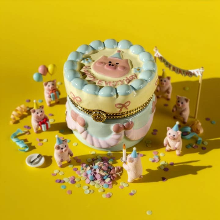 Pig Birthday Cake Hand Painted Trinket Box for wholesale by 3PercentMarket