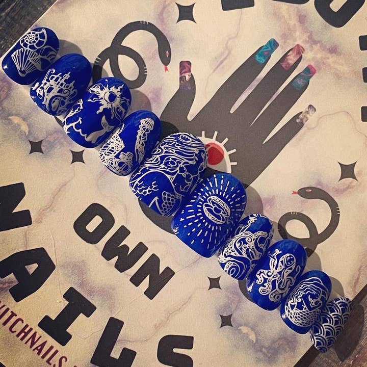Plenty of Myth in the Sea blue cobalt white press-on nails for wholesale by Space Witch Nails