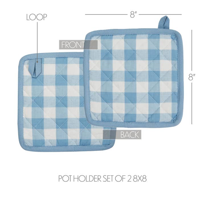 VHC Brands - Wholesale Oven Mitt/Pot Holder - Annie Buffalo Check Blue Pot Holder Set of 2 8x8