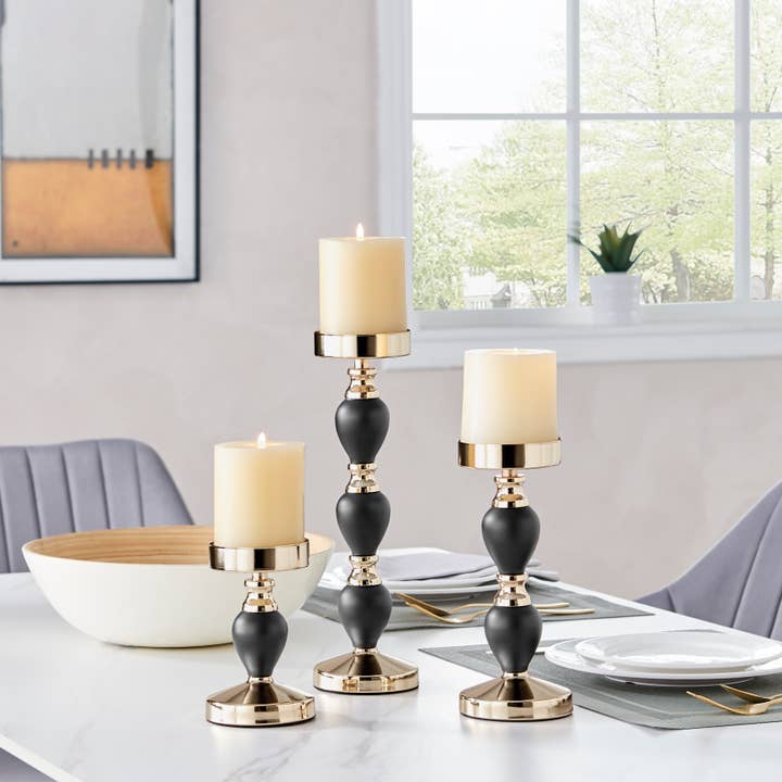 Portacandele Talia a forma di candeliere in oro nero, confezione da 3 per la vendita all'ingrosso da parte di Danya B