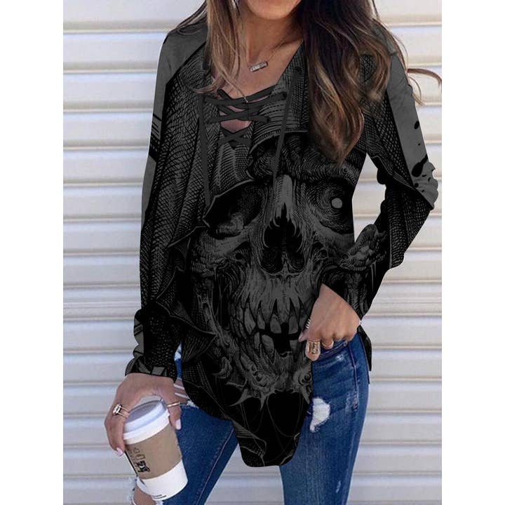 Top de manga larga con cuello en V y estampado completo de calaveras de terror gótico para venta al por mayor de Tourtiwi