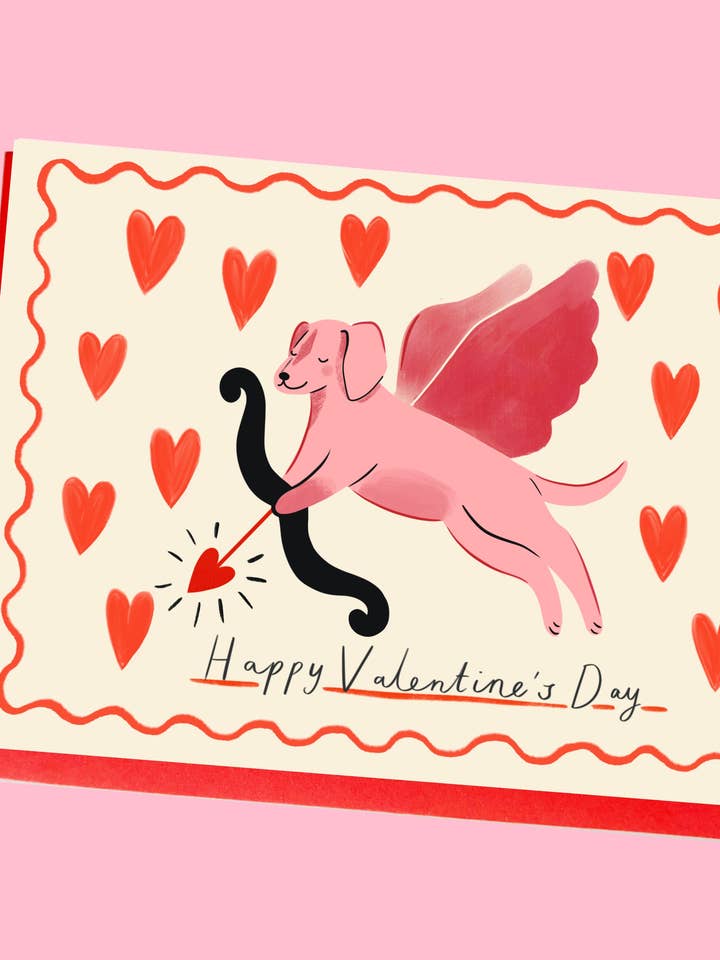 Cupid Puppy Valentine’s Greeting Card for wholesale by Kitty Kenda Papergoods