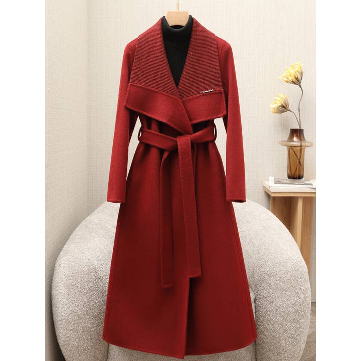 CT159Y Elegant Red Wool Cashmere Coat with Shawl Collar for wholesale by Productseeker