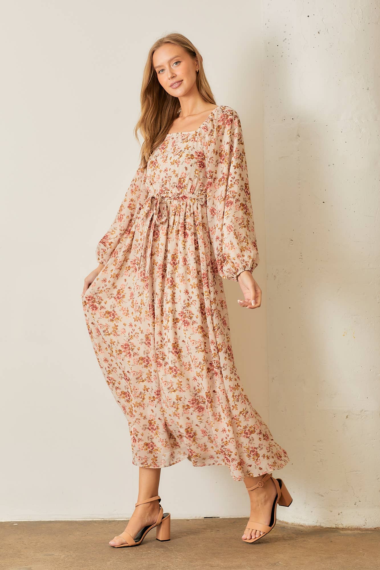 CREAM MULTI FLORAL PRINT SQUARE NECK MAXI DRESS for wholesale on Faire2