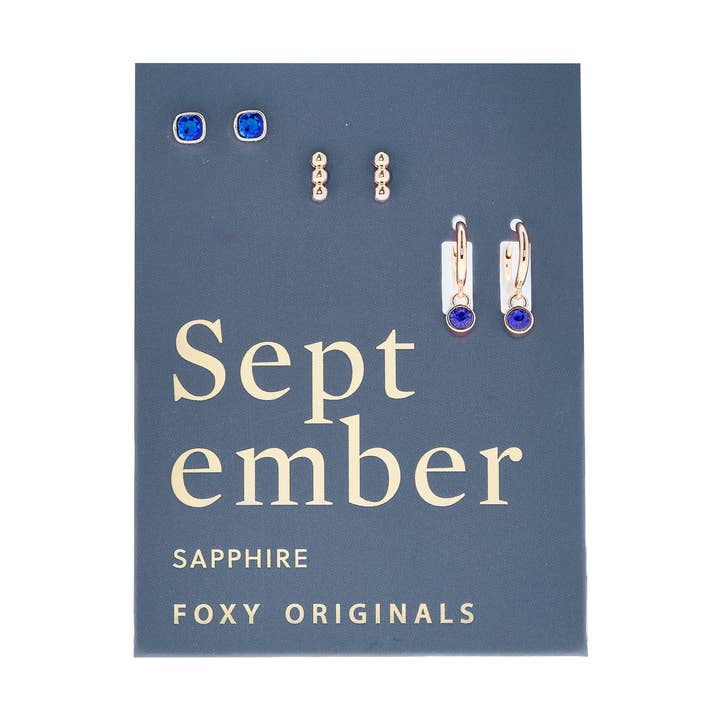 September Birthstone Stud + Hoops Earrings | VDAY Gifts for wholesale by Foxy Originals