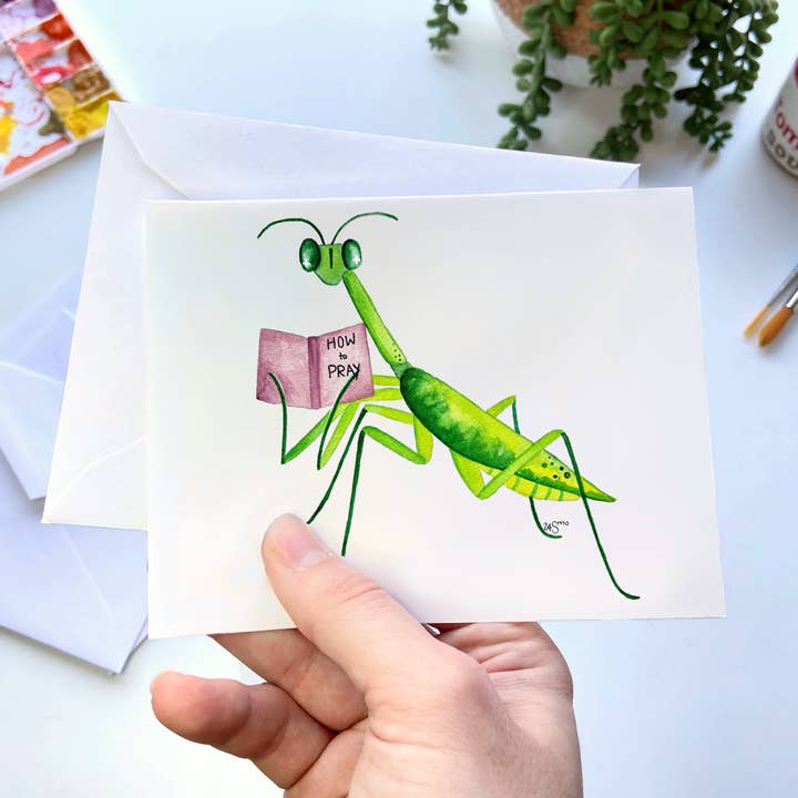 Praying Mantis Greeting Card – Insect Nature Art Stationery for wholesale by Owlfeathers Watercolor