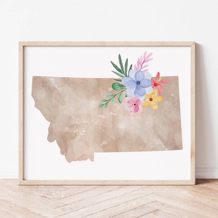 Tirage d'art : silhouette florale du Montana pour la vente par Backstory Map Co.