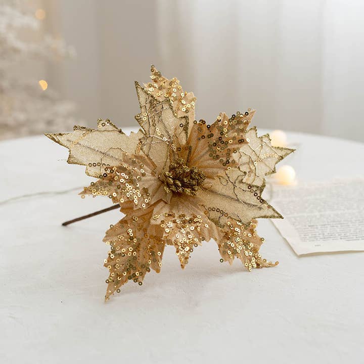 Sweet Home Deco - Wholesale Christmas Decoration - 8''W Fabric Poinsettia Flower, Sparkled Christmas Poinsettia