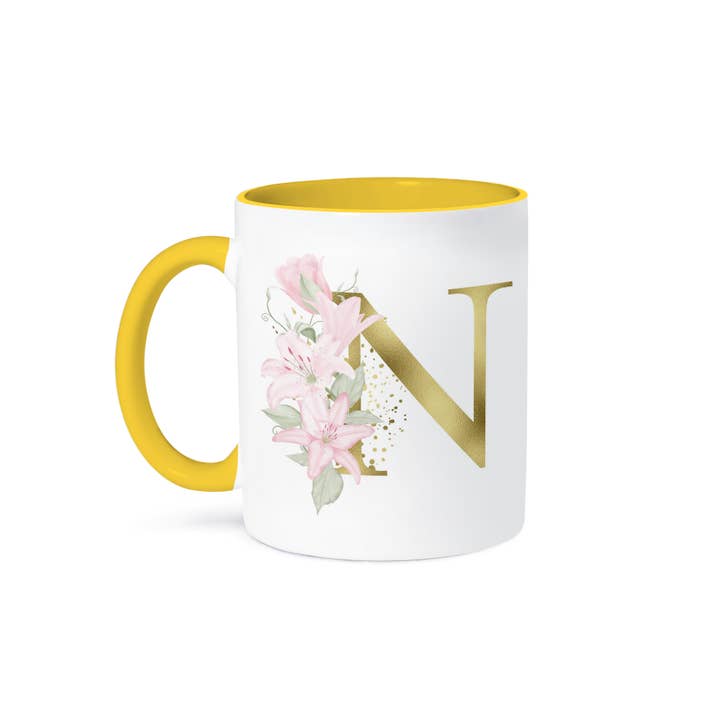 3dRose – Engroshandel Kaffekrus – 3dRose, Smuk lyserød lilje blomsterbillede med gyldent monogram initial N, krus