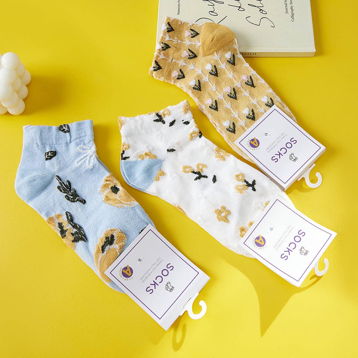 Funkyrel® Atzbranding Limited - Wholesale Socks - Women's - Rufia - Vintage Floral Blue and Yellow Low-Cut Socks7