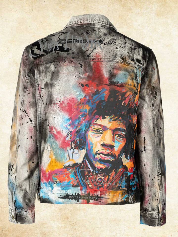 Jaqueta jeans masculina Jimi Hendrix por atacado de Idols Legends Icons