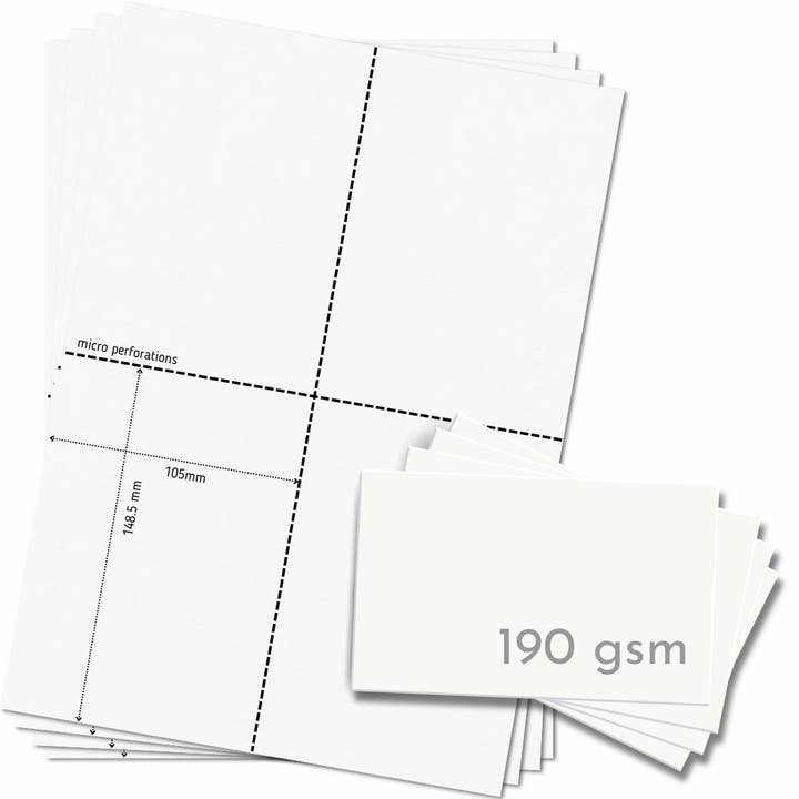 Cartes épaisses A6 OfficeGear 4 par page 190g/m² : Cartes imprimables perforées - 30 feuilles / 120 cartes avec modèle gratuit pour la vente par OfficeGear