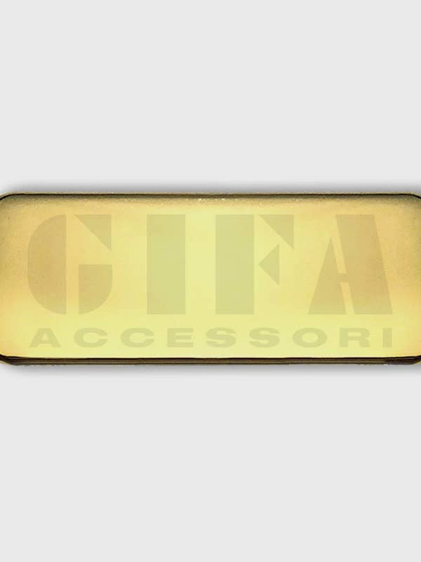 Gold zamak tag 4 cm x 1.5 cm with colored logo for wholesale by Gifa Accessori