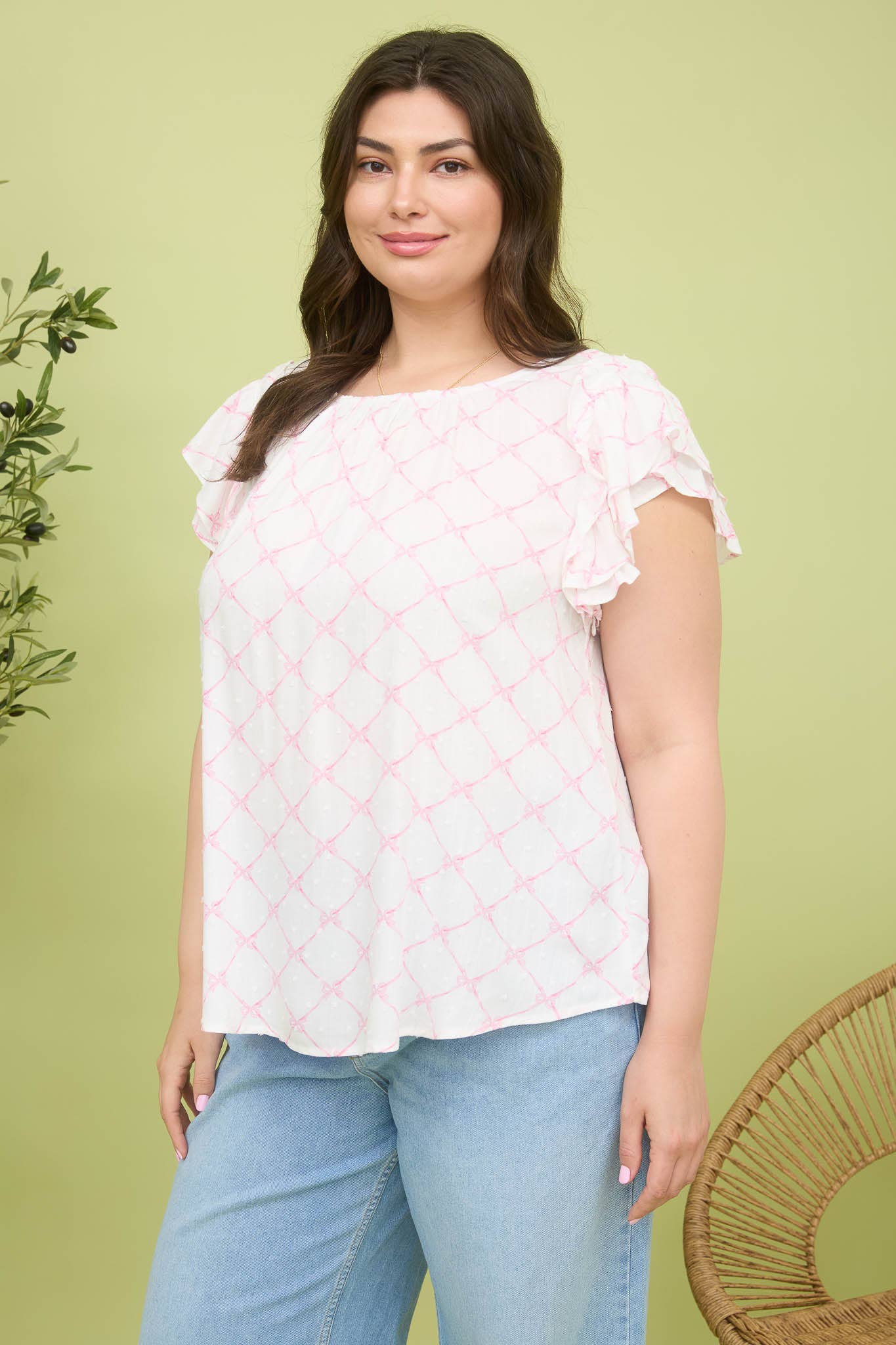 Blu Pepper - Wholesale Blouse - Women's - PLUS BOW CLIP DOT PATTERN RUFFLE SLEEVE BLOUSE 6