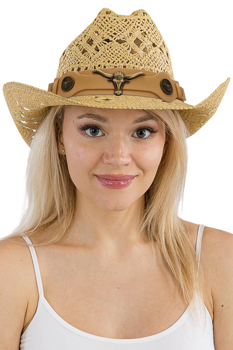 Cap Zone – Großhandel Cowboyhut – Damen – Gehäkelter Cowboyhut mit Longhorngürtel und Quarterhorse1