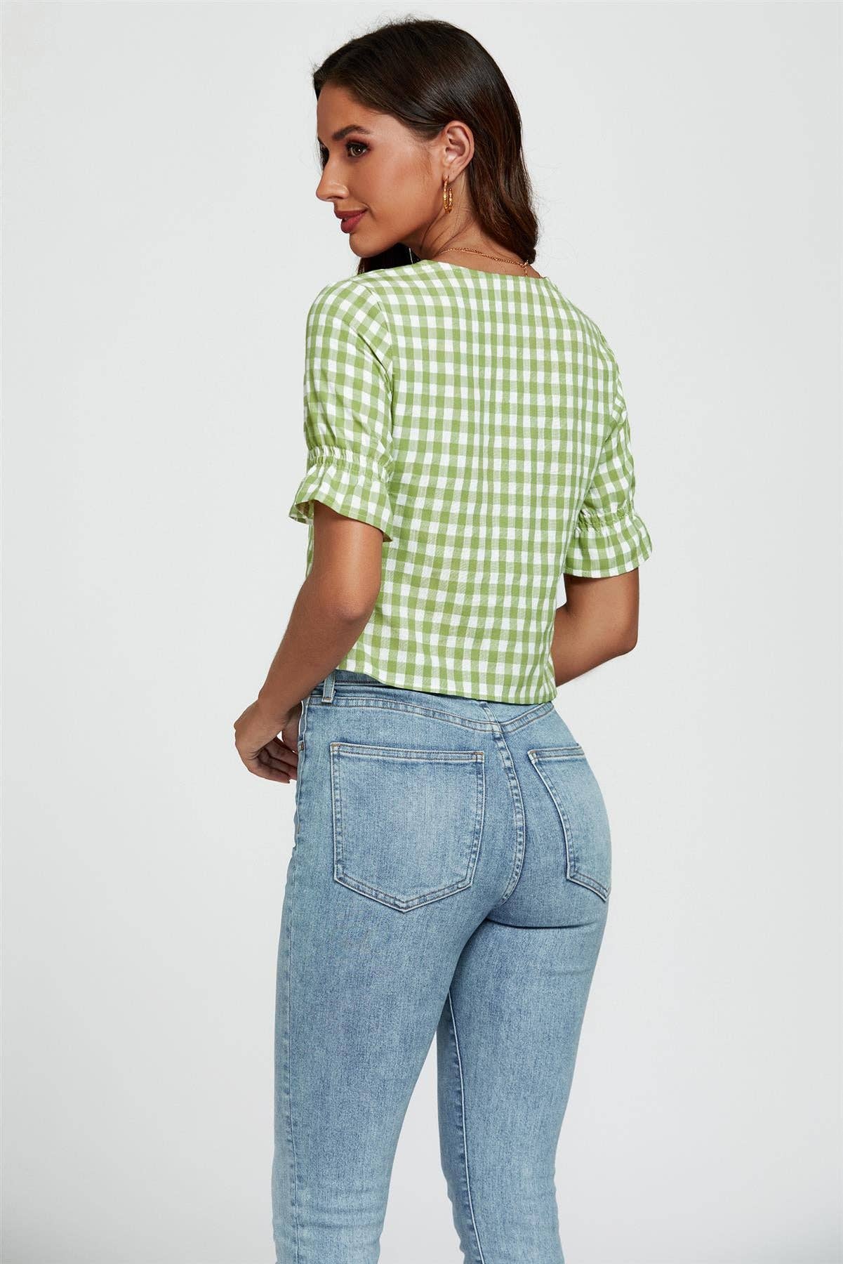 Check Print Tie Front Top In Green for wholesale on Faire5