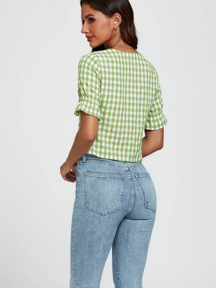 Check Print Tie Front Top In Green for wholesale on Faire5