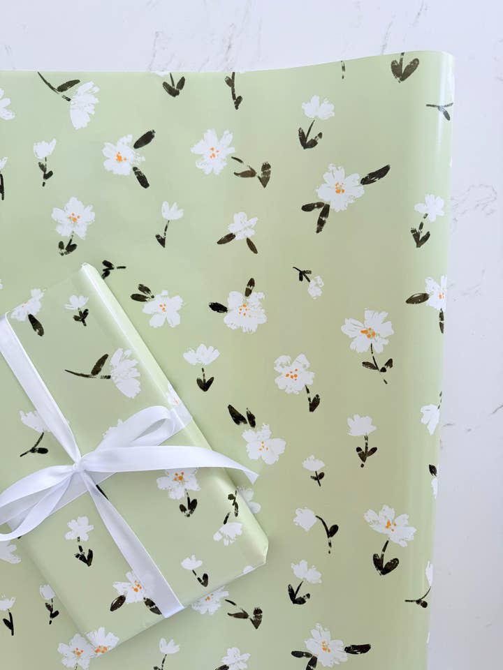 Green Daisies Wrapping Paper Roll for wholesale by This Little Paper Shop