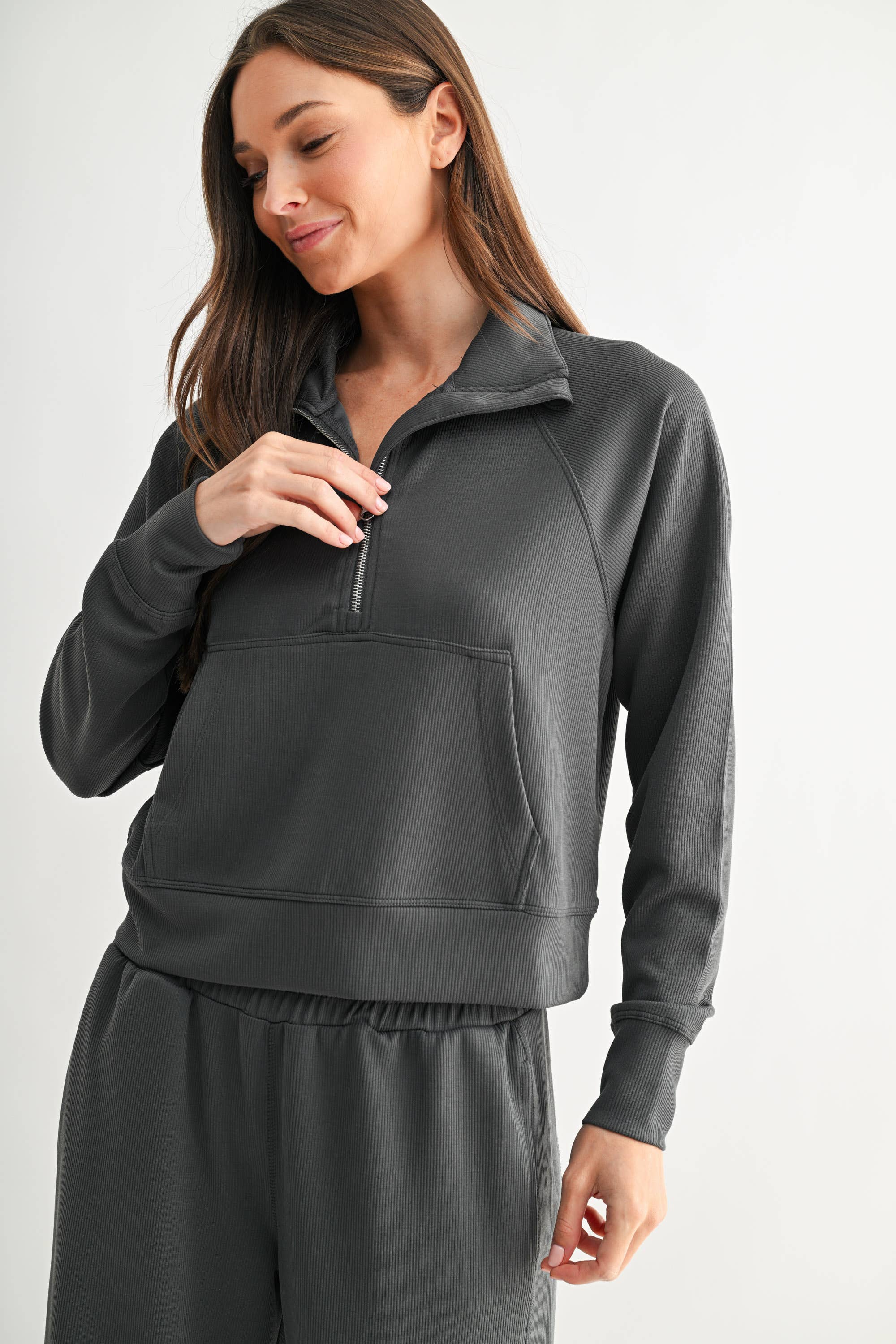 Mono B - Vente Sweat-shirt – femme - Pull à col zippé 1/4 en maille côtelée Luxe Sand Wash29