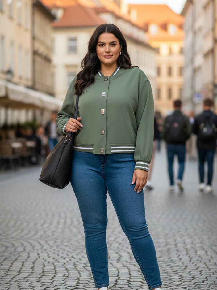 Plus size green varsity jacket (C6530) for wholesale by Pomme Rouge Paris