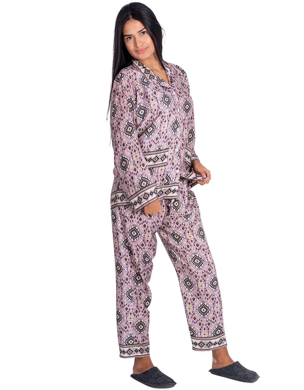 Kimago Look – Conjunto de pijama - Mulher por atacado – Pijamas femininos de seda em duas peças com estampa lilás2