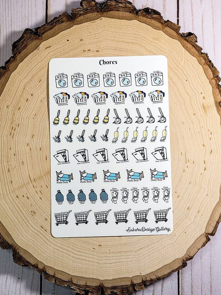 Chore Icon Sticker Sheet, Chore and Cleaning Stickers for wholesale by Sakura Design Gallery