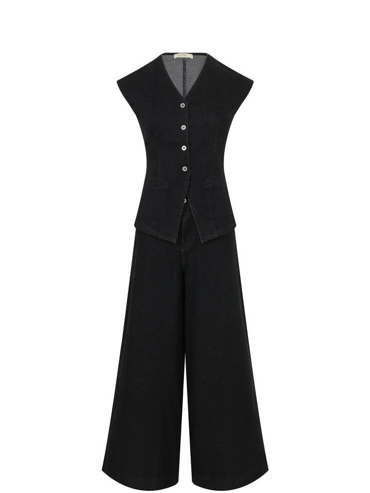 Denim Ease Vævet Lang Vest & Bukser med Vide Ben Duo for engroshandel hos RIVIR