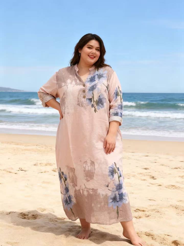 Lea & Luc - Grandes Tailles - Wholesale Jurk - Dames - Jurk met bloemenprint van 100% linnen REF. 7223018