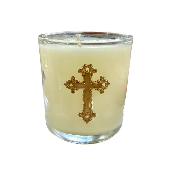 Candela votiva in vetro trasparente con croce in ottone per la vendita all'ingrosso da parte di The French Bee & Co