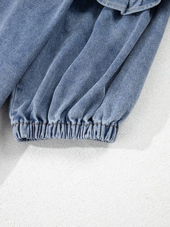 Dusk Blue Ruffled Collared Puff Sleeve Denim Mini Dress for wholesale on Faire18