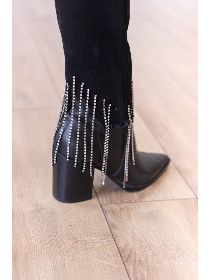 Denim Blue Black Skinny Jeans with Rhinestone Fringe Detail for wholesale on Faire