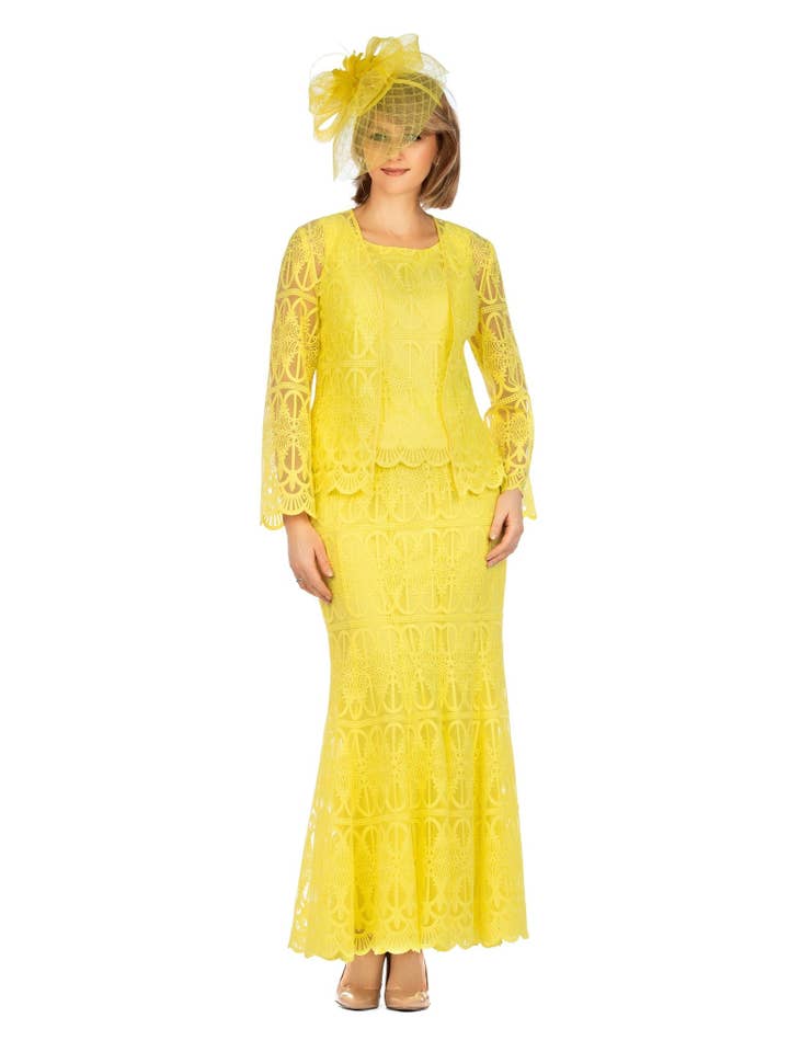 Traje de falda de encaje Lux de 3 piezas con dobladillos festoneados para venta al por mayor de Giovanna